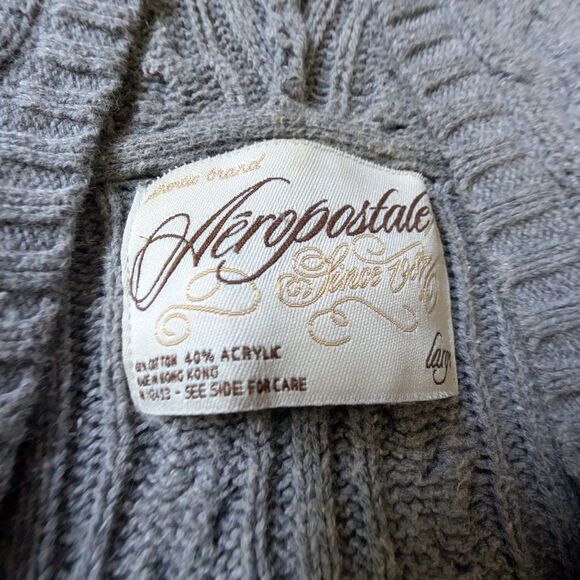 Vtg Aeropostale Gray Cable Knit Henley Hoodie Sweater Y2K Retro L Flaws Elana Gi - Picture 3 of 8